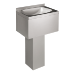 Rozsdamentes acél padlón álló mosdó kötényfallal, falhoz rögzítve