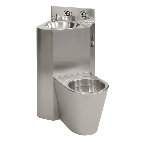 Vandal-proof corner combination unit, hanging toilet on the right side