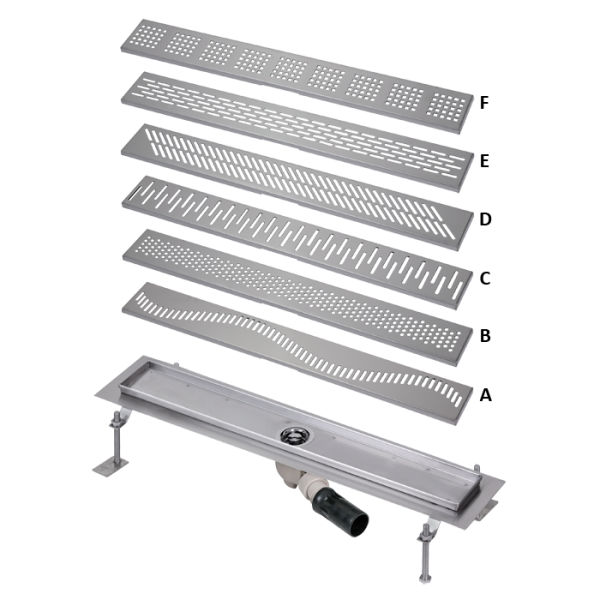 Fürdőszobai padlóösszefolyó nyílt térben szerelve, 850 mm