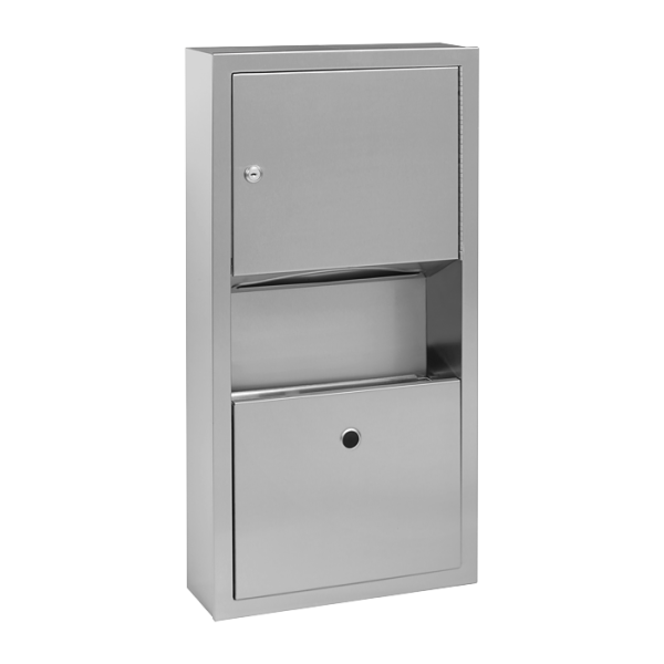 Falra szerelhető rozsdamentes acél papírtörlő adagoló hulladéktartóval, falra szerelhető, szálcsiszolt