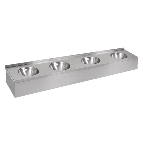 Rozsdamentes acél falra szerelhető mosdó előlapos kivitelben (4 mosóhely)