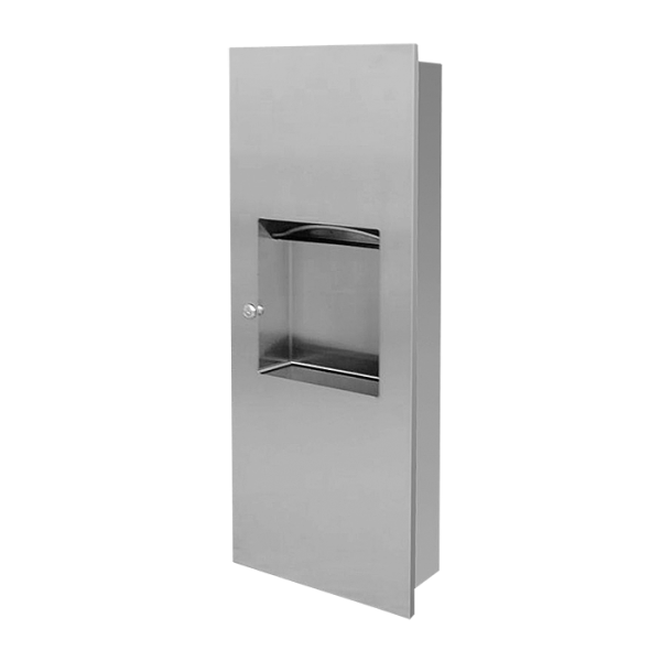 Rozsdamentes acél papírtörlő adagoló hulladéktartóval, falba szerelhető, szálcsiszolt