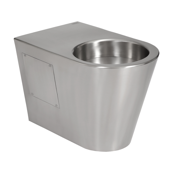 Rozsdamentes acél padlón álló WC, padlóba vezetett kifolyóval