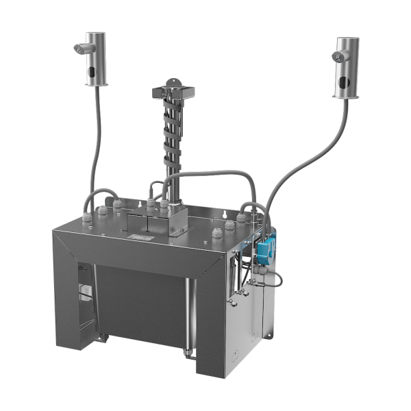 2 db automata rozsdamentes acél pultba építhető szappanadagoló készlet, 6 l központi szappantartály, 230 V AC