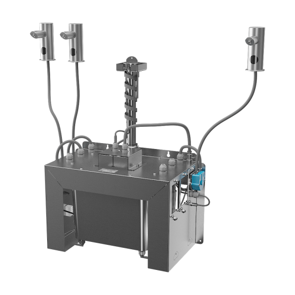3 db automata rozsdamentes acél pultba építhető szappanadagoló készlet, 6 l központi szappantartály, 230 V AC