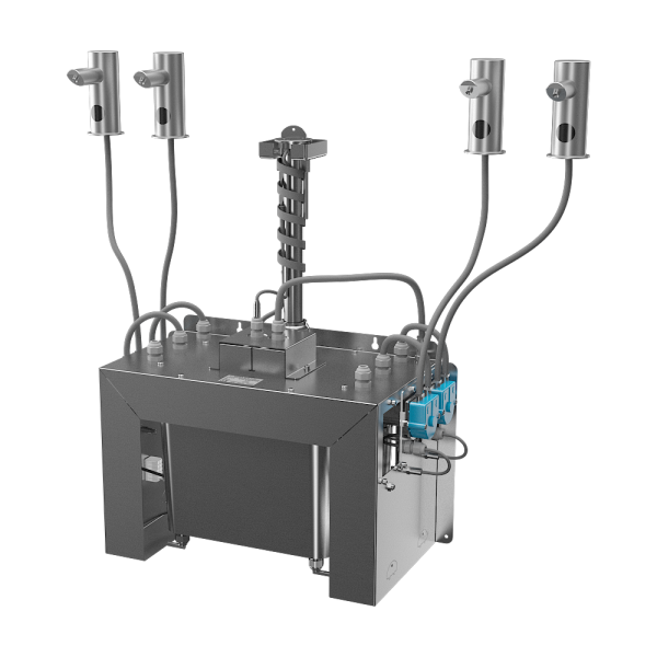 4 db automata rozsdamentes acél pultba építhető szappanadagoló készlet, 6 l központi szappantartály, 230 V AC