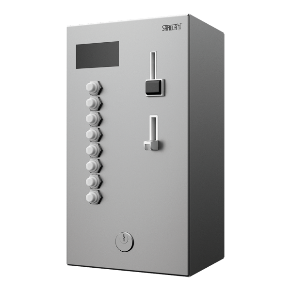 Érme- és zsetonautomata két-tól nyolc egyfázisú készülékhez, 230 V, felhasználó által választható, 24 V DC