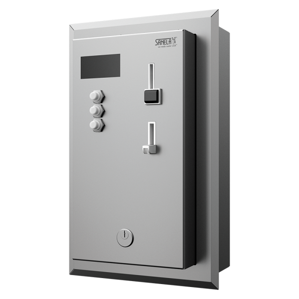 Reccesed coin and token shower timer for four to twelve showers, 24 V DC, choice of shower by the machine, interactive control